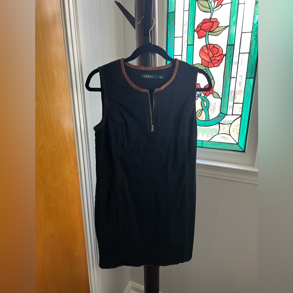 Lauren Ralph Lauren Mini Denim Dress with Gold Front Zip and Leather Neckline